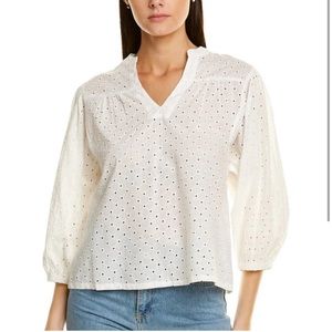NWT BADGLEY MISCHKA Embroidered Eyelet V-Neck Popover Shirt, Off-White